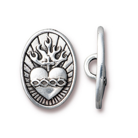 Пуговица, 19х13.5х5мм, TierraCast, на ножке, Святейшее Сердце, базовый материал - оловянный сплав, посеребрённая с чернением, 1 шт.