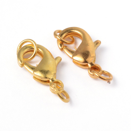 Застежка, 15х9мм, карабин с соединительными колечками, базовый материал - латунь, золотистого цвета, 2 шт. УЦЕНКА