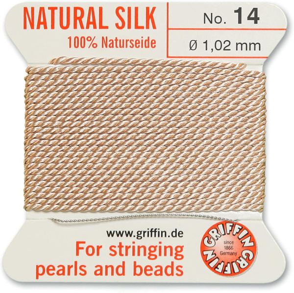 <p>Очень толстая и прочная нить из высококачественного натурального 100% шелка, произведена компанией Griffin (Германия). К нити прикреплена проволочная иголочка. Идеально подходит для использования с жемчугом и натуральными камнями. Толщина около 1,02 мм. Цена за моток 2 метра.</p>