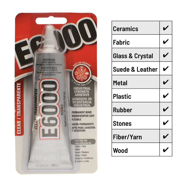<p>
Универсальный прозрачный клей Е6000. Клей оригинальный, произведен в США. Подходит для ткани, металла, дерева, стекла, керамики и других материалов в любом сочетании. Клей довольно густой, удобен в работе при создании бижутерии. Дизайн упаковки может немного отличаться от фотографии и от партии к партии. Цена за 1 тюбик 59.1 мл (2.0 fl. oz.).
</p>