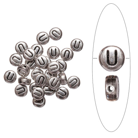 Бусина металлическая, 7х4мм, буква U, базовый материал - цинковый сплав, серебристая с чернением, 10 шт.