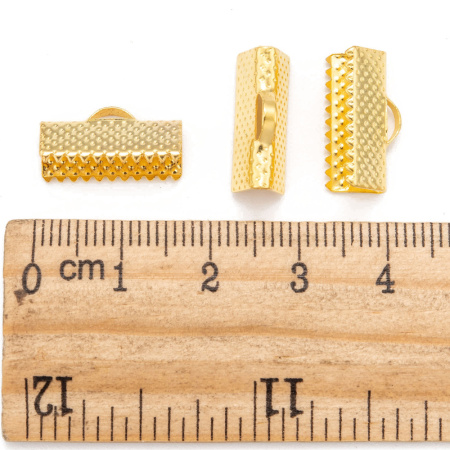 <p>Бюджетные концевики - зажимы для лент, цена за 10 грамм (около 8 пар, фасуются без проверки на дефекты). Оттенок может отличаться от фотографии. На покрытии возможны тёмные пятнышки, царапинки. Хорошо подходит для:
<ul>
<li>ленты</li>
<li>плоского кожаного шнура</li>
</ul></p>