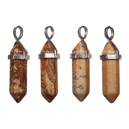 Подвеска каменная, 40х13х11мм, в форме кристалла, базовый материал - камень, яшма песочная с держателем стального цвета, 1 шт.