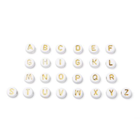 <p>Бюджетные плоские бусины из акрила белого цвета с золотистыми буквами. Круглые бусины-подушечки 7*4 мм, диаметр отверстия - около 1.1 мм. Оттенок может отличаться от фотографии и в разных поставках. Цена за набор из 10 грамм (около 75-80 случайных букв английского алфавита, фасуются без проверки на дефекты и подбора букв).</p>