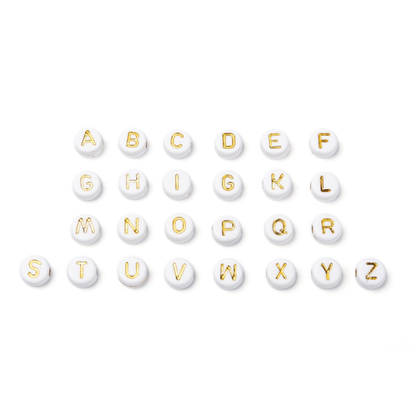 <p>Бюджетные плоские бусины из акрила белого цвета с золотистыми буквами. Круглые бусины-подушечки 7*4 мм, диаметр отверстия - около 1.1 мм. Оттенок может отличаться от фотографии и в разных поставках. Цена за набор из 10 грамм (около 75-80 случайных букв английского алфавита, фасуются без проверки на дефекты и подбора букв).</p>