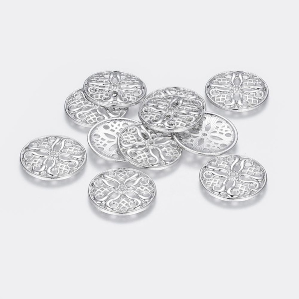 <p>Серебристый ажурный круг с восточным орнаментом. Декоративный элемент напоминает монгольский орнамент «Дугуй хээ» – знак Солнца. Можно использовать как коннектор (соединительный элемент) или подвеску. Оттенок может отличаться от фотографии. Цена за 5 шт.</p>