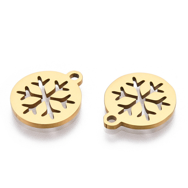 <p>Небольшая двусторонняя подвеска - плоский круг с изображением снежинки. Подвеска резная, сделана из нержавеющей гипоаллергенной стали марки 304 с гальваническим напылением золотом (позолота 18К). Оттенок может отличаться от фотографии и в разных поставках. Цена за 2 шт.</p>