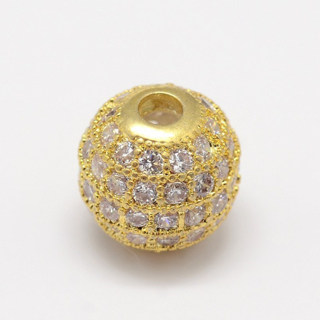 Бусина металлическая, 8мм, Milano, Шарик с кристально-прозрачными фианитами, базовый материал - латунь, под золото, 1 шт.