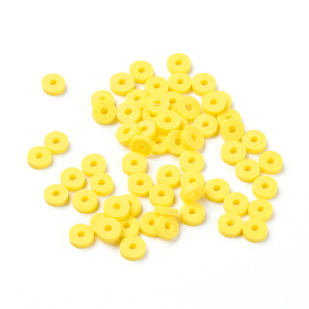 <p>Плоские круглые бусины - чипсы (диски, рондели heishi) ручной работы из полимерной глины (пластики). Бусины могут немного отличаться по форме и размеру. Оттенок может отличаться от фотографии. Цвет: желтый. Бусины довольно мягкие, гибкие, напоминают каучук. Цена за низку длиной около 43 см, около 350-400 бусин.</p>
