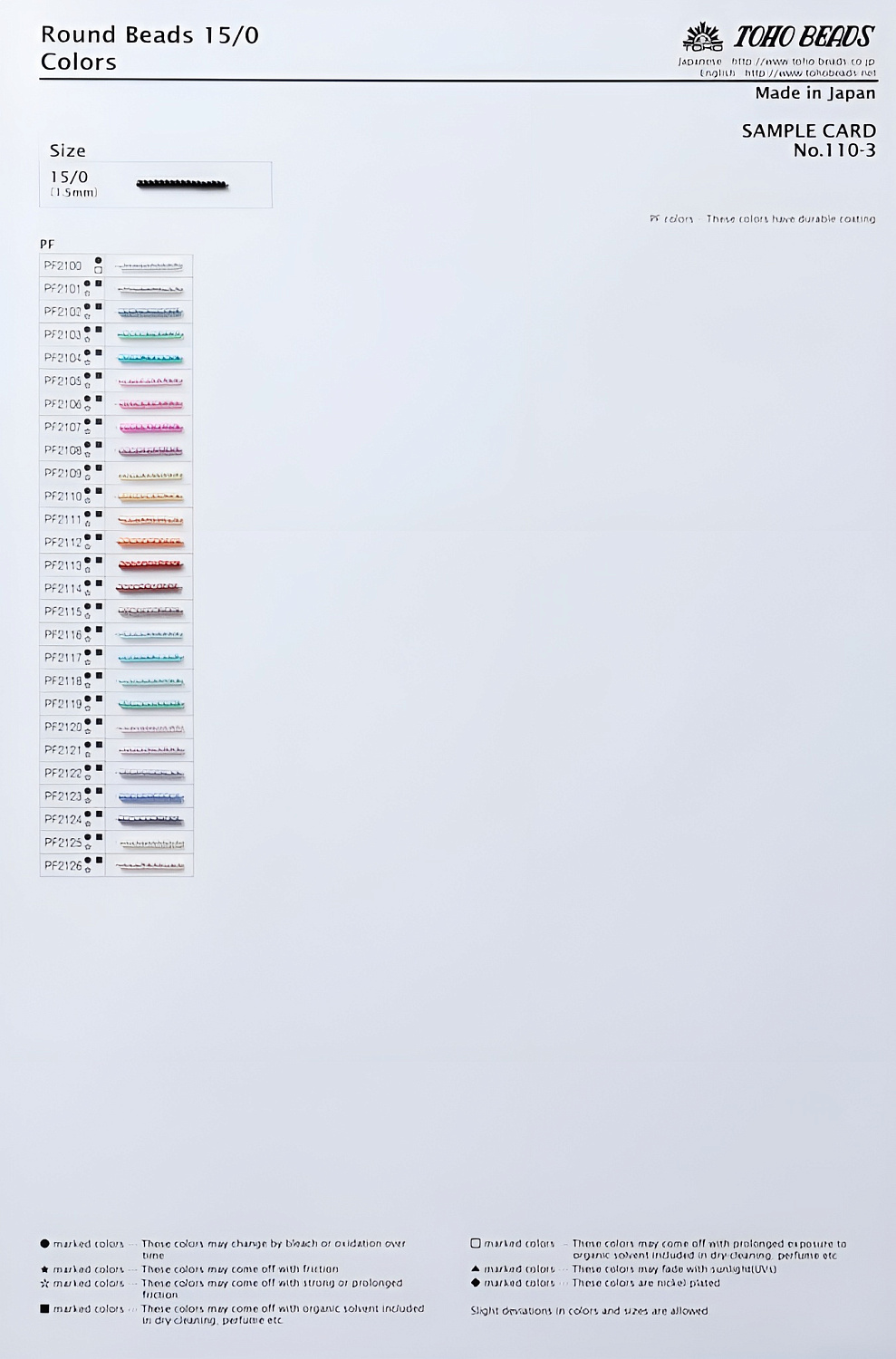 Устойчивость цветов бисера TOHO ко внешним воздействиям (Карта цветов TOHO)