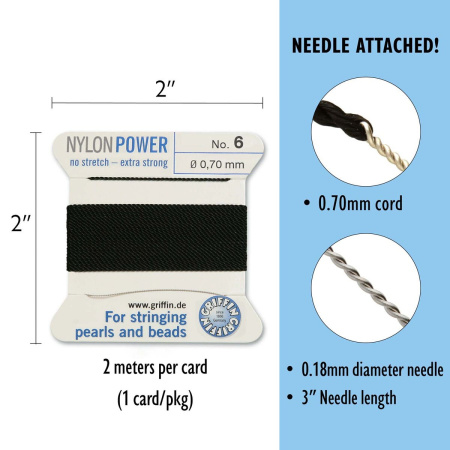 <p>
Толстая и прочная нить Nylon Power из высококачественного нейлона, очень крепкая, не растягивается. Произведена компанией Griffin (Германия). К нити прикреплена проволочная иголочка. Идеально подходит для использования с жемчугом и натуральными камнями. Толщина около 0,7 мм. Оттенок может отличаться от фотографии и в разных поставках. Намотка может состоять из нескольких частей. Цена за моток 2 метра. 
</p>