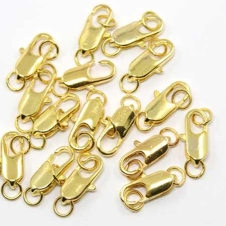 Застежка, 14х7мм, карабин продолговатый с соединительными колечками, базовый материал - латунь, золотистого цвета, 1 шт.