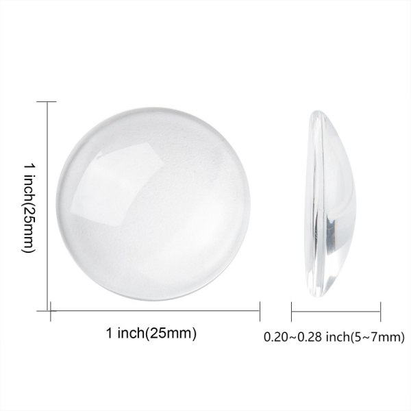 <p>
 Круглый стеклянный прозрачный кабошон, толщина 5-8 мм. Диаметр примерно 24,7 мм. Хорошо смотрится в рамке с подложенной под него картинкой или фотографией. На кабошонах возможны небольшие царапинки. Цена за упаковку 40-50 грамм в зависимости от толщины кабошонов (около 10 штук, фасуются без проверки на дефекты).
</p>