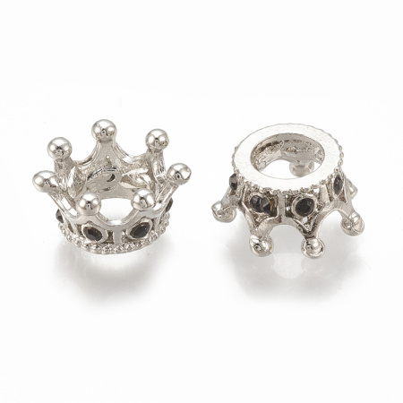 Бусина металлическая, 11х7мм, Корона, базовый материал - латунь, с черными стразами, под родий, 2 шт.