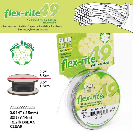 <p>Профессиональный ювелирный тросик Flex-Rite с нейлоновым покрытием. 49-жильный тросик премиум-класса. Цвет стальной (темно-серебристый). Оттенок может отличаться от фотографии и в разных поставках. Цена за катушку 30 футов (9.14 метра).</p>