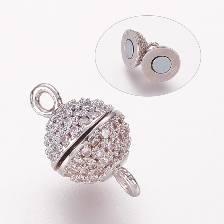 Застежка магнитная, 13х8.5мм, Milano, шарик, с фианитами, базовый материал - латунь, под родий, 1 шт. УЦЕНКА