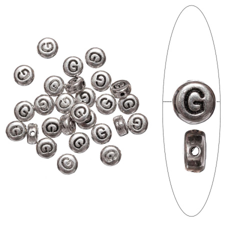 Бусина металлическая, 7х4мм, буква G, базовый материал - цинковый сплав, серебристая с чернением, 10 шт.