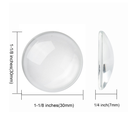 <p>
 Круглый стеклянный прозрачный кабошон, толщина 7-8 мм. Диаметр примерно 30 мм. Хорошо смотрится в рамке с подложенной под него картинкой или фотографией. На кабошонах возможны царапинки, пузырьки, потёртости. Цена за 40 грамм (около 6 штук, фасуются без проверки на дефекты).
</p>