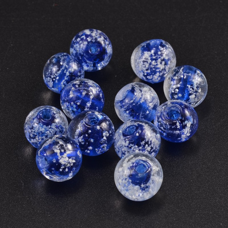 Бусина лэмпворк, 10мм, прозрачная с синей сердцевиной и белыми крапинками, светящаяся в темноте, 1 шт.