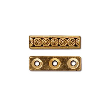 Разделитель, 15х5х4мм, TierraCast, прямоугольный, с растительным узором, на три отверстия, базовый материал - оловянный сплав, позолоченный с чернением, 2 шт.
