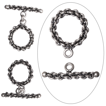 Застежка, 22х19мм, Индия, тогл, канатный, базовый материал - латунь, посеребренный с чернением, 2 шт.