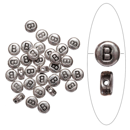 Бусина металлическая, 7х4мм, буква B, базовый материал - цинковый сплав, серебристая с чернением, 10 шт.