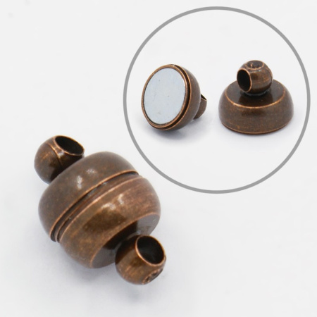 Застежка, 11х7мм, магнитная, бочонок, базовый материал - латунь, античная медь, 5 шт.