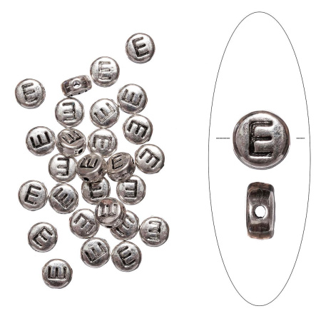Бусина металлическая, 7х4мм, буква E, базовый материал - цинковый сплав, серебристая с чернением, 10 шт.