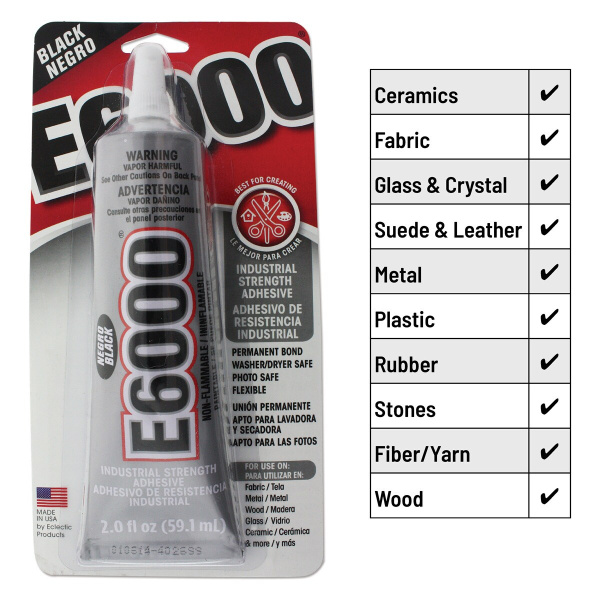 <p>
Универсальный <b>ЧЕРНЫЙ</b> клей E-6000. Клей оригинальный, произведен в США. Используется для ткани, металла, дерева, стекла, керамики и других материалов в любом сочетании. Клей довольно густой, удобен в работе. Почтой отправляется только по предоплате. Цена за 1 тюбик 59.1 мл (2 fl. oz.).
</p>