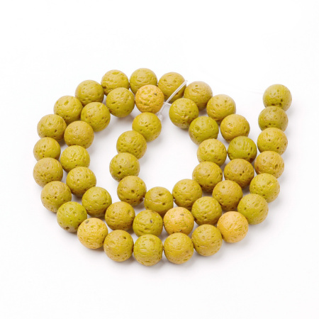 <p>Бусины из натуральной вулканической лавы (вулканического туфа), тонированной в желтый цвет. Оттенок может отличаться от фотографии. Бусины матовые. Могут немного отличаться по форме и размеру. Цена за низку, около 63 бусин. Бусины могут быть покрыты пылью от сверления, рекомендуется их протереть или промыть перед использованием.</p>