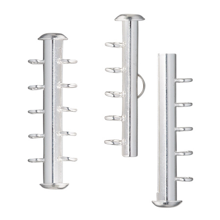 Застежка, 31х10.5мм, трубочка-слайдер на пять нитей, с поперечными петельками, базовый материал - латунь, посеребренная, 1 шт.