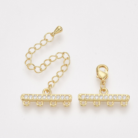 <p>Элитная ювелирная фурнитура премиум класса - Милано люкс (Milano Lux), качественный элемент для создания бижутерии. Набор для окончания многорядного украшения или широкого плетёного браслета/колье. В набор входят 2 соединителя-переходника с 4 на 1 нить размером 22*8 мм, инкрустированных кристально-прозрачными стразами - фианитами (Cubic Zirconia – кубик циркония, CZ, цирконы). К одному концевику прикреплена застежка карабин (лобстер), к другому - цепочка-удлинитель длиной около 5 см. и декоративной капелькой на конце. В застёгнутом виде длина концевиком вместе с замочком (без учёта удлинителя) составляет около 28 мм. Базовый материал латунь, покрытие - позолота (гальваническое напыление золотом 18К). Оттенок может отличаться от фотографии и в разных поставках. При желании концевики можно отсоединить и использовать как коннекторы или подвески. Цена за 1 набор.</p>