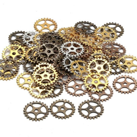 Декоративные элементы, 25х1мм, шестеренки, базовый материал - цинковый сплав, микс цветов, 20 шт.