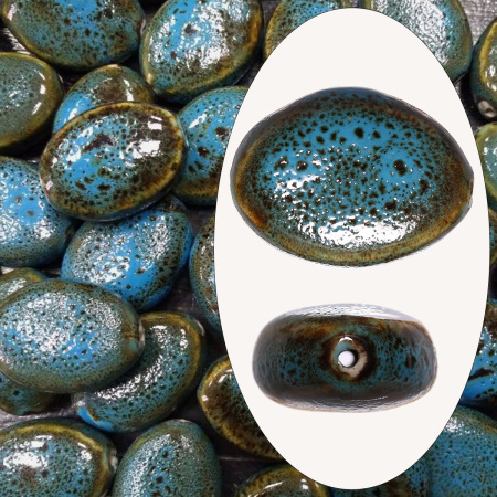 Бусина керамическая, 33х24х12мм, плоский овал, сине-зеленый с коричневыми крапинками, 2 шт.