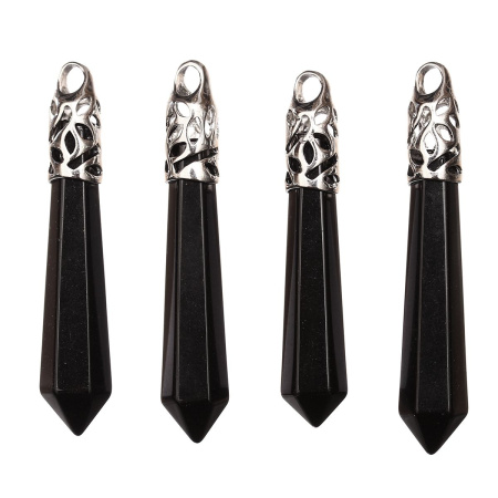 Подвеска каменная, 65х13мм, в форме кристалла, базовый материал - камень, агат черный с резным держателем стального цвета, 1 шт.