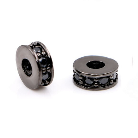 Бусина металлическая, 7х3мм, Milano, Рондель, с крупным отверстием, с черными фианитами, базовый материал - латунь, вороненая сталь, 1 шт.