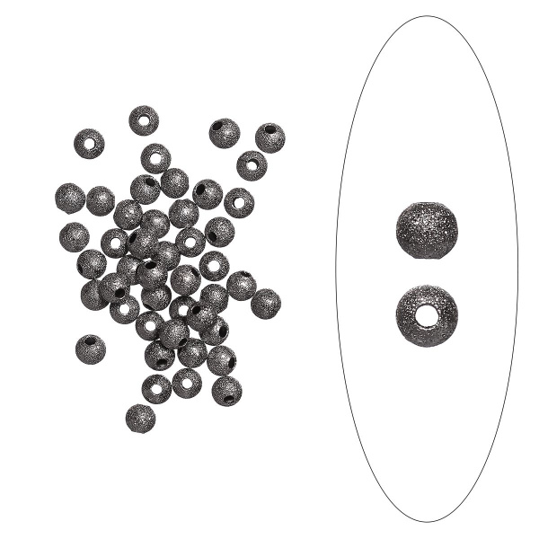 <p>
Латунная бусина с покрытием звездная пыль (stardust) цвета стали с чернением (вороненой стали). Также такие бусины называют "сахарный шарик" или "бусина с сахарным покрытием". Диаметр отверстия около 1 мм. Оттенок может отличаться от фотографии и в разных поставках. Цена за 2 грамма (около 18 штук, фасуются без проверки на дефекты).
</p>