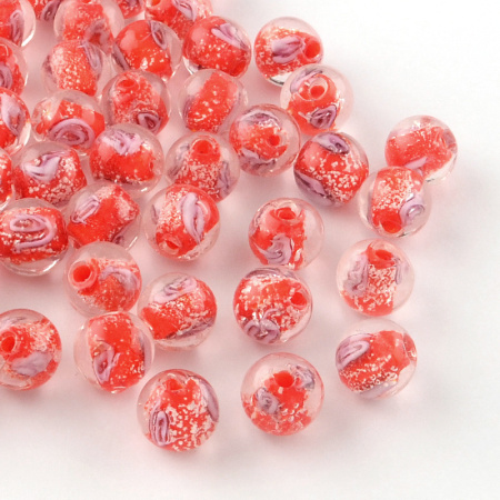 Бусина лэмпворк, 8мм, прозрачная с красной сердцевиной, бело-розовым спиральным узором и белыми крапинками, светящаяся в темноте, 10 шт.